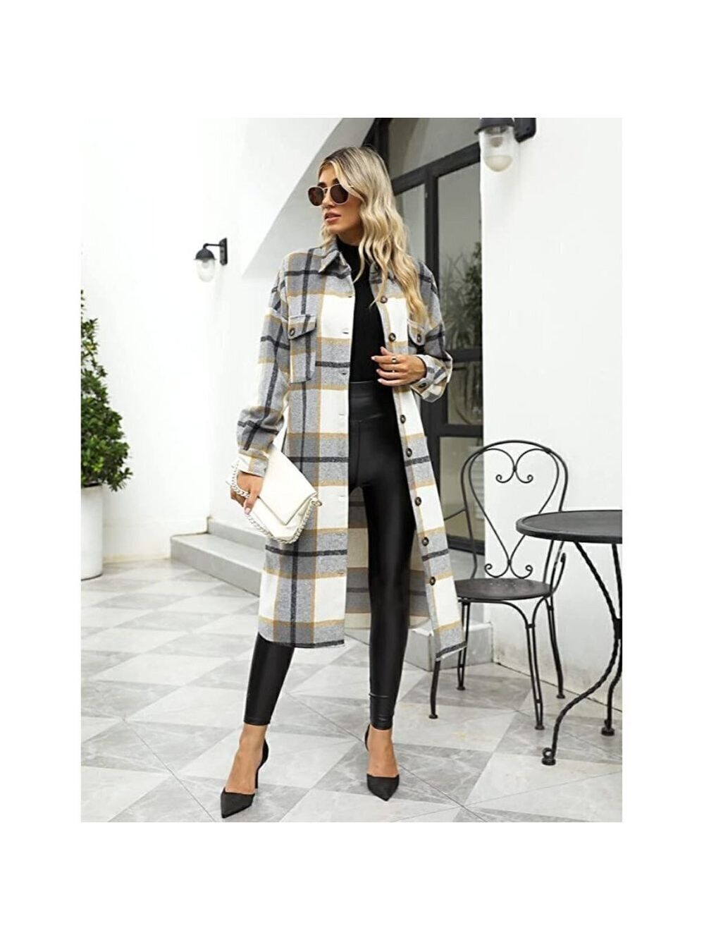 𝅺CASUAL Grey Plaid Button Down Long Puff Sleeve Trench Coat Jacket Shacket Wool